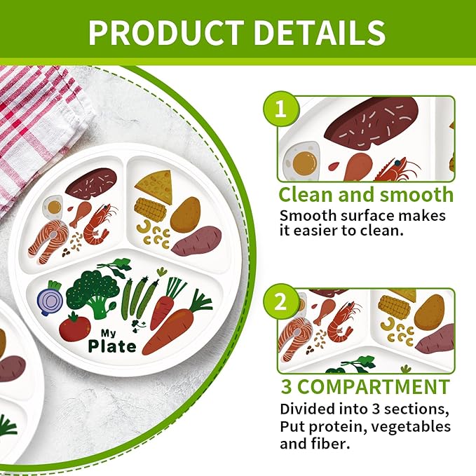 10" 3-Grid Cute Cartoon Portion Control Plate - Melamine, Healthy Nutrition for Weight Loss & Diabetes Management, Ideal for Adults & Teens Kids (2 Pack)-Ruum Studio Home
