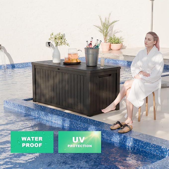 180 Gallon Outdoor Deck Box,Storage Lockable Waterproof Patio Furniture,Garden Tools,Cushions,Pool Accessories Outside Storage Resin Box(Black)-Ruum Studio Home