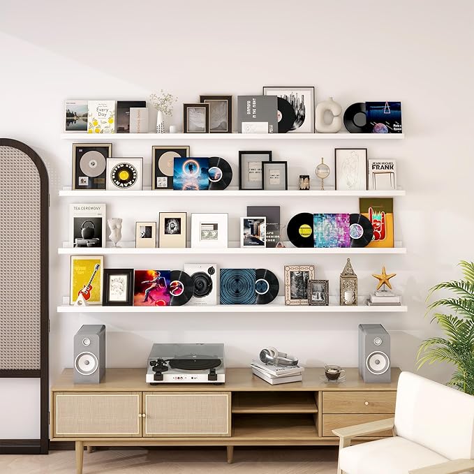 Picture Ledge Shelf for Wall, 72 inch Nursery Book Shelves 4 Packs, Large Long Floating Ledge Shelves for Kid's Room Bedroom Bathroom Living Room Photo Frames Office Nursery Wall Decor, White-Ruum Studio Home