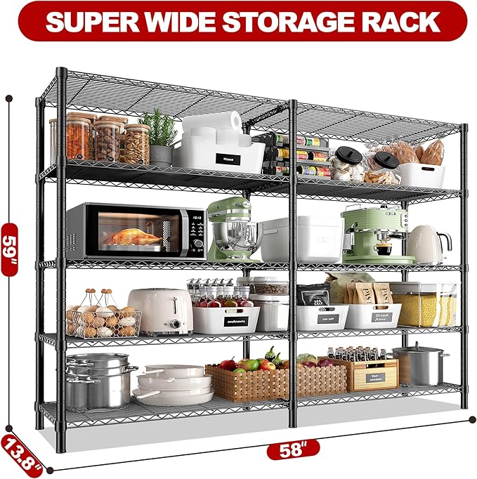 REIBII 5 Tier Wire Shelving Storage Shelves Loads 1430LBS, 58" W Metal Shelving Unit for Storage Adjustable Heavy Duty Garage Shelving Pantry Shelves Kitchen Shelving, Black, 2 Pack-Ruum Studio Home
