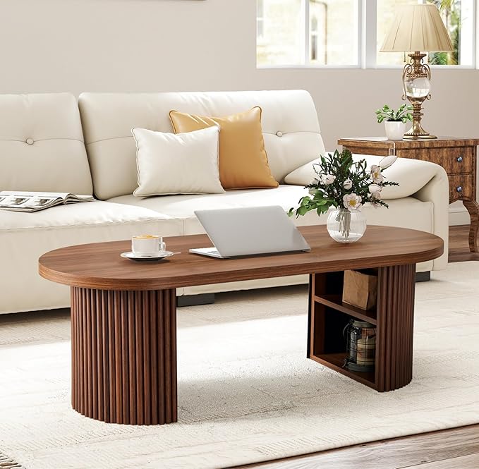 Oval Fluted Coffee Table, 47" Farmhouse Wood Coffee Table Mid Century Modern Center Table Boho Living Room Tables for Living Room Office,Walnut-Ruum Studio Home