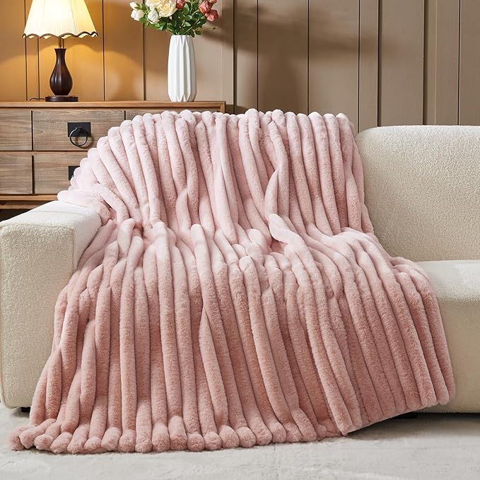 NEWCOSPLAY Faux Fur Throw Blanket Pink 3D Ribbed Plush Thick Warm Blanket for Couch Sofa Bed 850GSM (Pink Ribbed, Throw(50"x60"))-Ruum Studio Home