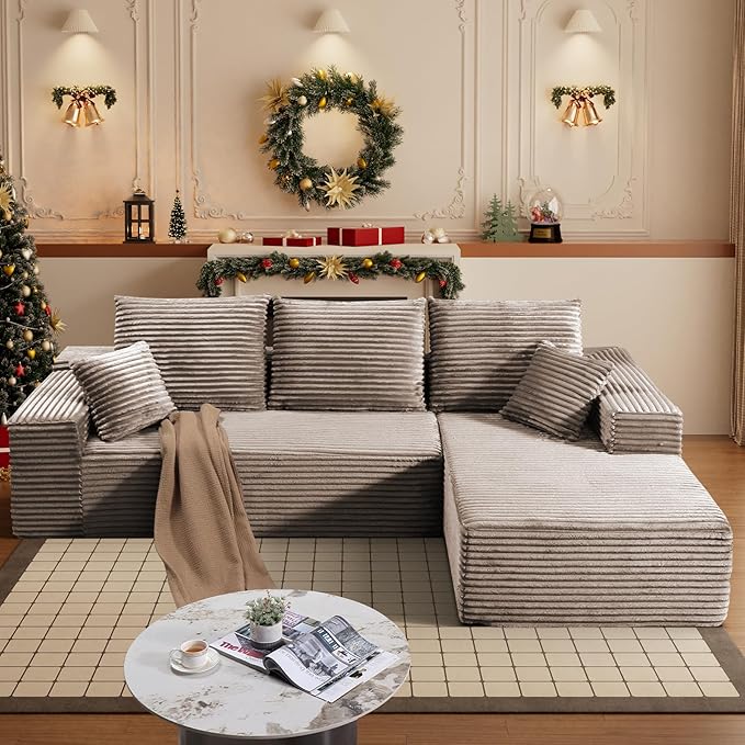HYJT H&K Modular Sectional Sofa Cloud Couch, 107" Comfy L Shaped Sectional Couches for Living Room, Deep Seat Memory Foam Plush Fluffy Corduroy Boneless Couch Sectionals Right Facing Sofa Chaise Brown-Ruum Studio Home