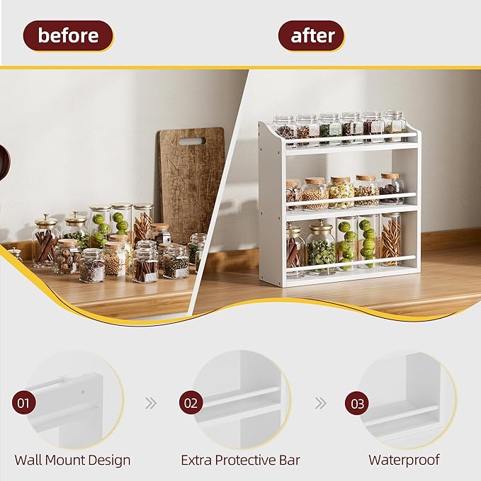 Spice Rack Wall Mounted, Freestanding Spice Organizer for Countertop, Bamboo Spice Storage Holder, for Kitchen Cupboard, Pantry, Bathroom (White)-Ruum Studio Home