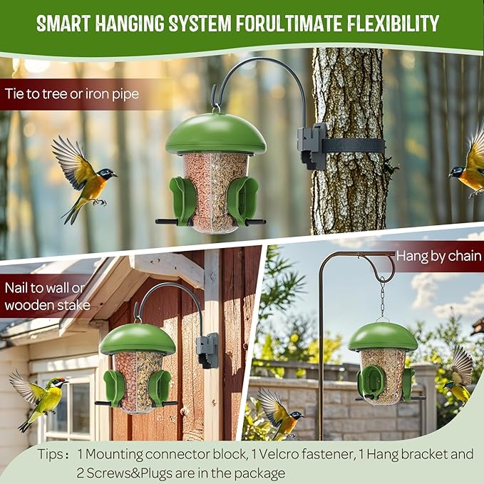 LONA Bird Feeders for Outdoors Hanging – 3 Separate Compartments, 3 Feeding Ports, Weatherproof Dome & 3 Ways to Hang, Large Capacity for Cardinals/Finches (Green-Ruum Studio Home