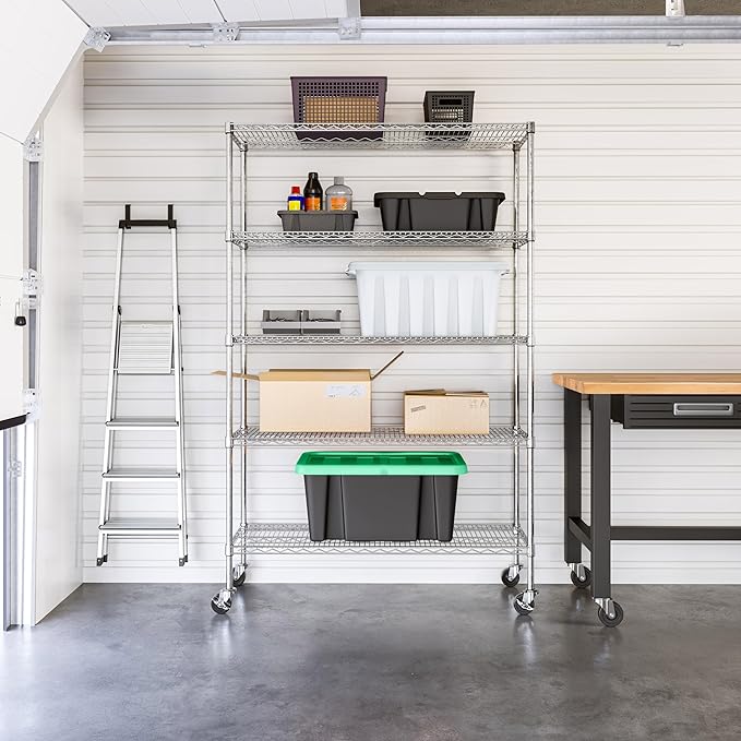 Seville Classics UltraDurable Heavy Duty NSF Solid Steel Wire Rack Storage Unit Organizer for Garage, Warehouse, Office, Restaurant, Classroom, Kitchen, 5-Tier Shelving, 48" W x 18" D-Ruum Studio Home