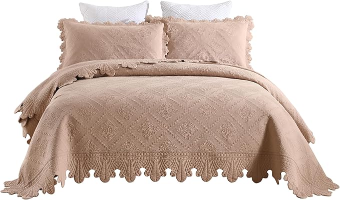 MarCielo 3-Piece 100% Cotton Oversized Bedspread Lightweight Quilt Coverlet Embroidery Farmhouse Bedding Set (TK Pale Taupe Camel, Oversized Queen (100"x106"))-Ruum Studio Home