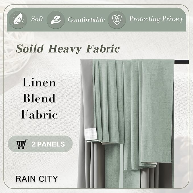 RAIN CITY Light Green Linen Blackout Curtains 45 Inch Long for Living Room,2 Panels Pinch Pleated Drape with Hooks Back Tab Boho Decor, Textured Full Black Out Curtains for Bedroom 50 x 45-Ruum Studio Home