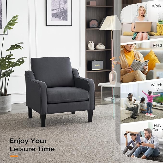 VINGLI Accent Chairs Set of 2 Living Room Chairs Dark Grey Reading Chair for Bedroom Scooped Arm Chair Mid Century Modern Linen Chairs Upholstered Comfy Chair for Apartment, Waiting Room-Ruum Studio Home