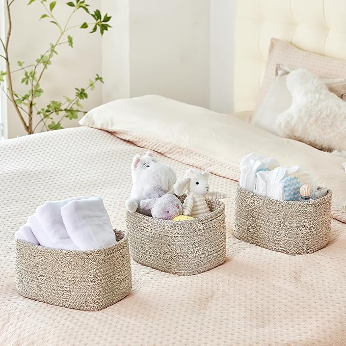 Small Cotton Rope Storage Basket Set of 3-11"x7"x7" Perfect Woven Baskets for Storage, Ideal Storage Baskets for Organizing Toys, Towels, and More - Baskets for Shelves and Home Decor（Beige）-Ruum Studio Home