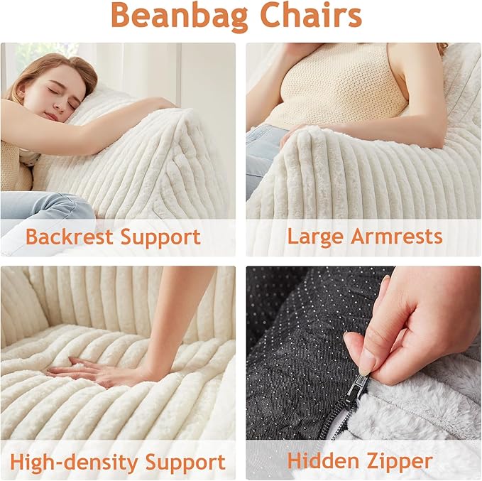 Giant Bean Bag Chairs for Adults with Filling Plush Fluffy Bean Bag Chairs for Teens with Armrests Comfy BeanBag Lazy Couch Sofa Chair for Bedroom Living Room Reading-Ruum Studio Home