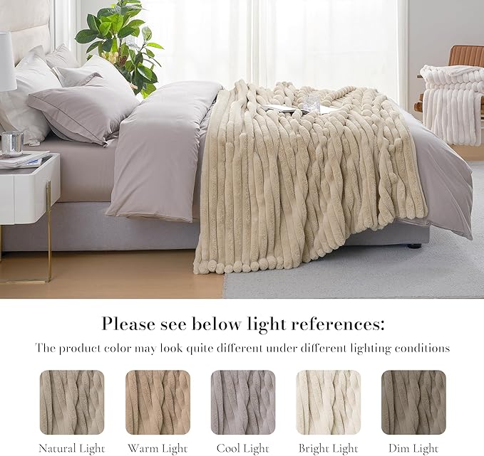 Amélie Home Faux Fur Throw Blanket for Couch, Cozy Fuzzy Fluffy Fur Luxurious Soft Striped Plush Gift Blankets for Family Sofa Chair Bed Living Room Bedroom, 55"x70", Beige-Ruum Studio Home