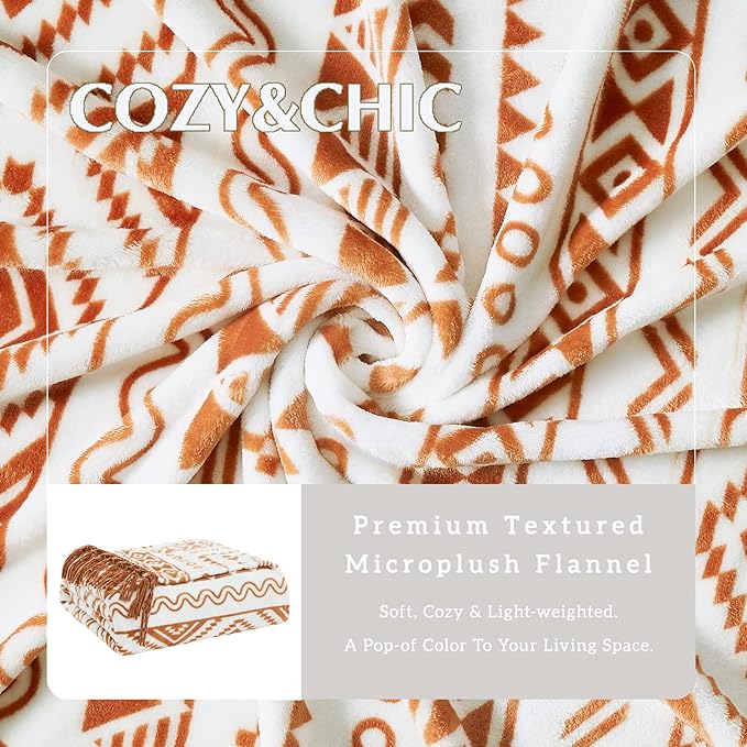 CASAAGUSTO Boho Throw Blanket - Terrcotta Decorative Blankets with Tassel, Printed Flannel Bohemian Blanket for Chair, Bed, Sofa, Couch(50 * 60, Terrcotta)-Ruum Studio Home