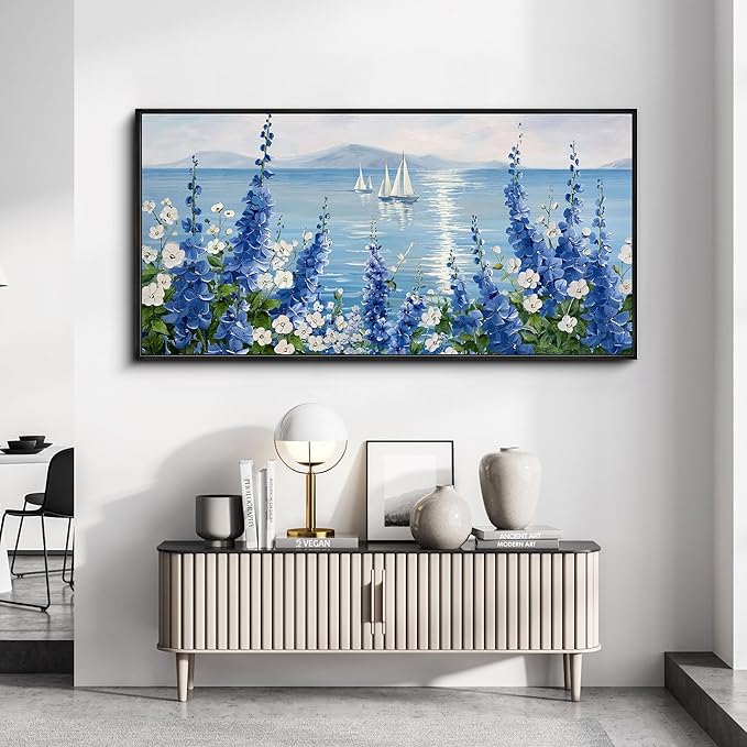 XLSJERST Large Sailboat Wall Art - Blue Canvas Abstract Painting Textured Picture Artwork Vintage Nautical Flower Painting Coastal Modern Print 24"x48" Frame for Living Room Office Home Decoration-Ruum Studio Home