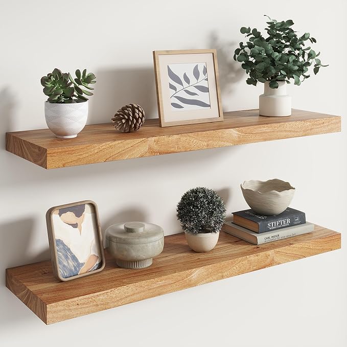 RICHFOCUS Elm Floating Shelves for Wall - 36" W x 9.3" D Rustic Solid Wood Shelves with Invisible Bracket, Wall-Mounted for Living Room, Bedroom, Kitchen Storage & Display, Set of 2, Natural-Ruum Studio Home