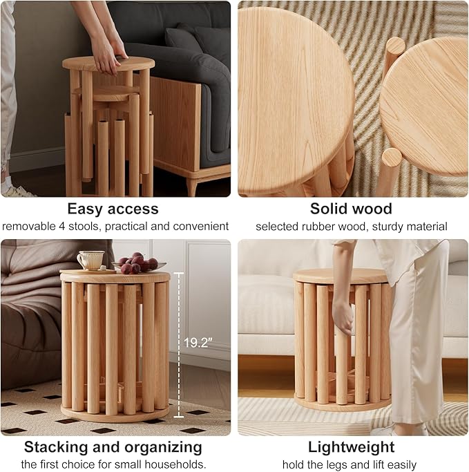 Stackable Stools Set of 4 Wooden Stools 18 Inch Stool Nesting Side Tables Nesting Coffe Table Sturdy and Durable,No Installation Required,Top Stackable Stool for Saving Space(Natural Bar stools)-Ruum Studio Home