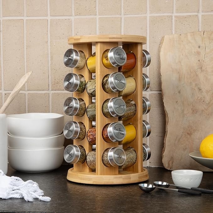 Orii 20 Jar Bamboo Spice Rack with Spices Included - Rotating Tower Organizer for Kitchen Spices and Seasonings, (Bamboo Wood)-Ruum Studio Home