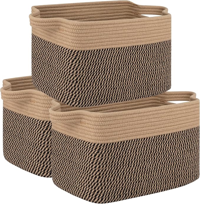 OIAHOMY 3 Pack Storage Basket for Organizing, 13''X9.85''X8.7'' Storage Bins,Woven Basket Basket with Handles, Toy Storage Basket Bin,Stylish Room Decor Basket, Yellow & Black-Ruum Studio Home