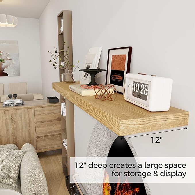 Floating Shelves 48 Inch Long, 12 Inch Deep Floating Shelves for Wall, 48 x 12 Large Wall Shelves for Home Storage & Display, 2" Thicked Floating Shelf for Bedroom, Living Room, Oak Color, 1 Pack-Ruum Studio Home