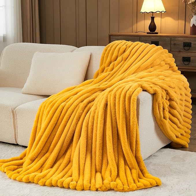 NEWCOSPLAY Faux Fur Throw Blanket Mustard Yellow 3D Ribbed Plush Thick Warm Blanket for Couch Sofa Bed 850GSM (Mustard Yellow Ribbed, Throw(50"x60"))-Ruum Studio Home