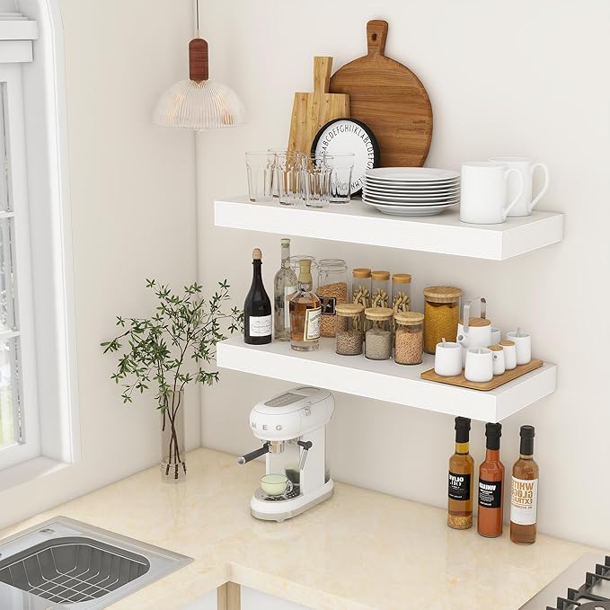 Deep Floating Shelves | 30 Inch Floating Shelves for Wall Set of 2 | 12 Inch Deep White Shelves for Living Room Bathroom Laundry Room Bedroom Kitchen Home Office - White-Ruum Studio Home