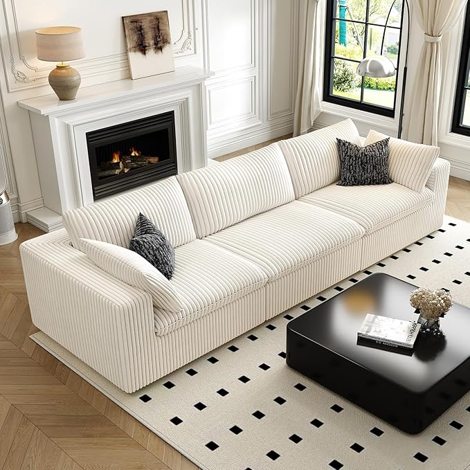 118" Cloud Couch Modular Sectional Sofa for Living Room,Modern Sofa with Deep Seat，3 Seater Boneless Couch,Comfy Upholstered Corduroy Couches for Apartment, Studio, Office,Bedroom，White-Ruum Studio Home
