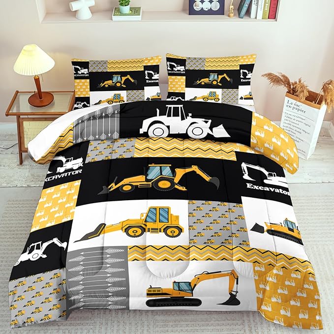 Construction Comforter Set King Boys,Yellow King Construction Bedding Set,Engineering Vehicles Comforter Yellow Bedroom Decor Kids,Truck Quilt Cartoon Truck Bedding for Teen-Ruum Studio Home