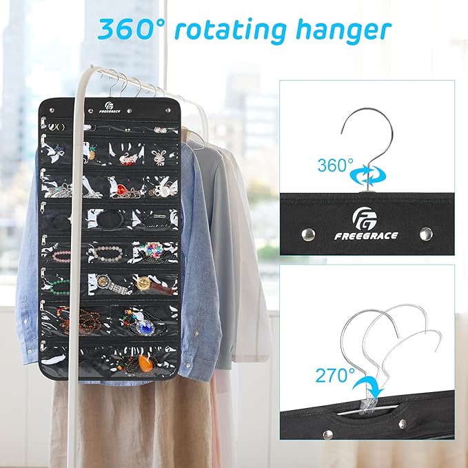 Freegrace Hanging Jewelry Organizer Revolving Hanger - Secure Zipper Closure - 25 Pockets,23 Hooks - Foldable Storage & Display Solution - for All Jewelry & Bijoux (Black)-Ruum Studio Home
