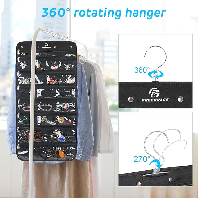 Freegrace Hanging Jewelry Organizer Revolving Hanger - Secure Zipper Closure - 50 Pockets - Foldable Storage & Display Solution - for All Jewelry & Bijoux (Black)-Ruum Studio Home