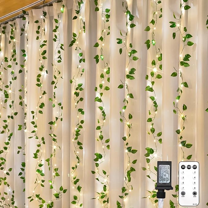 suddus 200 LED Vine with Light Plug in, 6.5ft x 6.5ft Pothos Fairy Curtain Lights with Remote, Leaf Fairy Lights for Wall,Bedroom, Dorm, Wedding, Party, Indoor Decor(Warm White)-Ruum Studio Home
