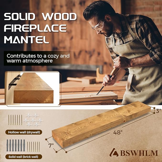 48x7x3 Fireplace Mantel - Solid Rustic Wood - Wall Mounted Floating Shelf with Invisible Heavy Duty Steel Bracket (Natural Wood)-Ruum Studio Home