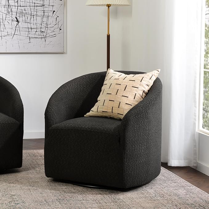 KINWELL 32" Wide Modern Boucle Swivel Barrel Chair, No Assembly Round Upholstered Swivel Accent Armchair for Living Room, Bedroom, Office (Black)-Ruum Studio Home