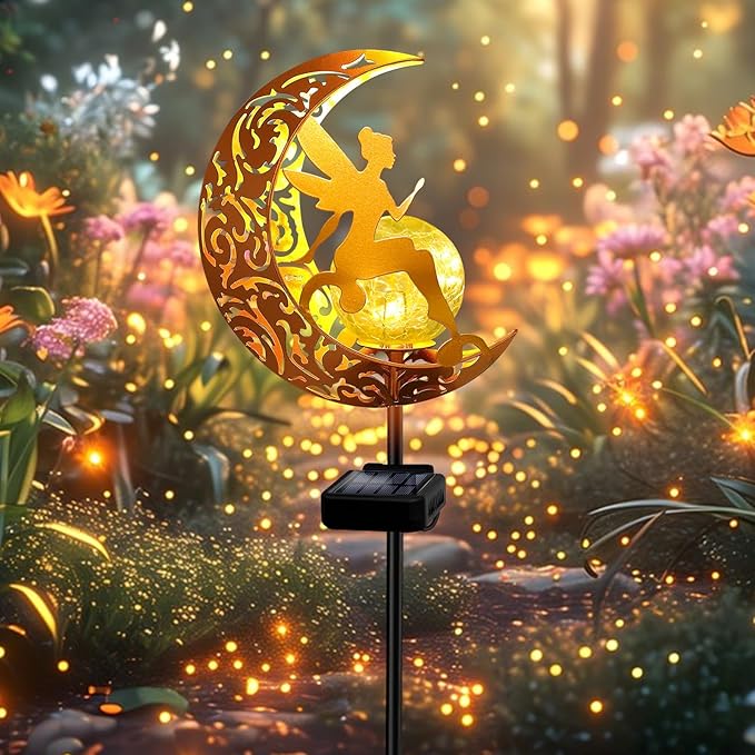 YJFWAL Garden Solar Lights Pathway Stake Lights Moon Fairy Glass Globe with Angel Decor, Gifts for Mom Grandma Friends, Outdoor Decor Light Waterproof for Walkway, Yard, Patio or Garden (Warm White)-Ruum Studio Home