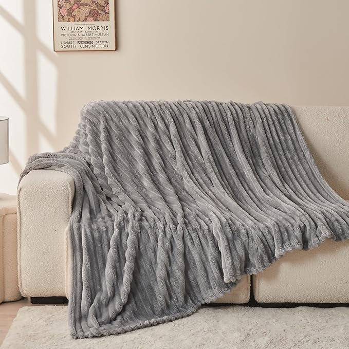 NEWCOSPLAY Super Soft Twin Blanket Light Grey Premium Silky Flannel Fleece 3D Ribbed Jacquard Lightweight Bed Blanket All Season Use (Light Grey Ribbed, Twin(60"x80"))-Ruum Studio Home