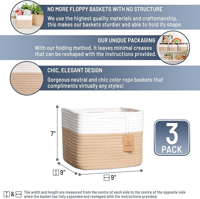NaturalCozy Storage Cubes 9”x9”x7”Cotton Rope Woven Baskets for Organizing 3-Pack | 9 Inch Cube Storage Bin | Small Basket for Shelf Nursery, Pantry, Decorative Plant, Bathroom Closet, Toy Gift-Ruum Studio Home