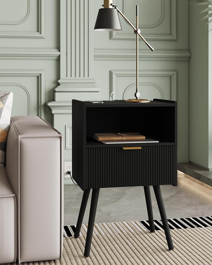 Nightstand,Modern Bedside Table with Storage Drawer and Open Wood Shelf, Accent Night Stand with Solid Wood Legs for Living Room, Bedroom and Small Spaces,Easy Assembly (Black-Outlet)-Ruum Studio Home