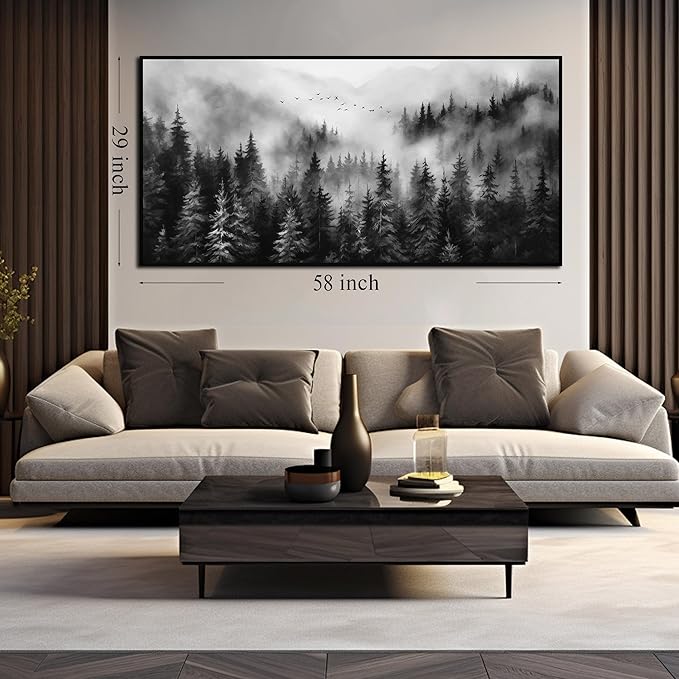 Foggy Forest Wall Art for Living Room Black and White Pictures for Wall Home Office Wall Decor with Black Frame 29 x 58 Inch-Ruum Studio Home