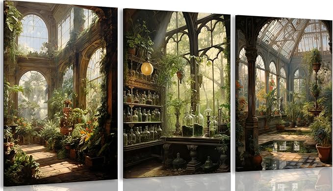 3pcs Framed William Morris Green Plants Canvas Wall Art Medieval Castle Posters Prints Gothictalian Landscape Painting Pictures Paintings Wall Decor for Living Room Bathroom Bedroom Decoration-Ruum Studio Home