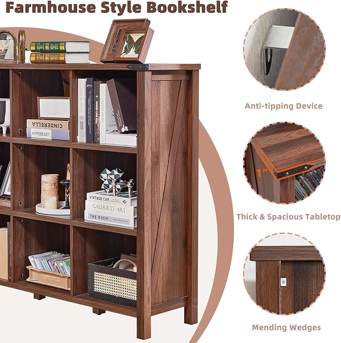 9 Cube Bookcase, Farmhouse 47 Inch Wide Brown Walnut Bookshelf, Wooden 3 Tier Display Large Open Book Shelf, Vintage Horizontal Book Case for Home Office, Cubby Storage Cabinet for Living Room-Ruum Studio Home