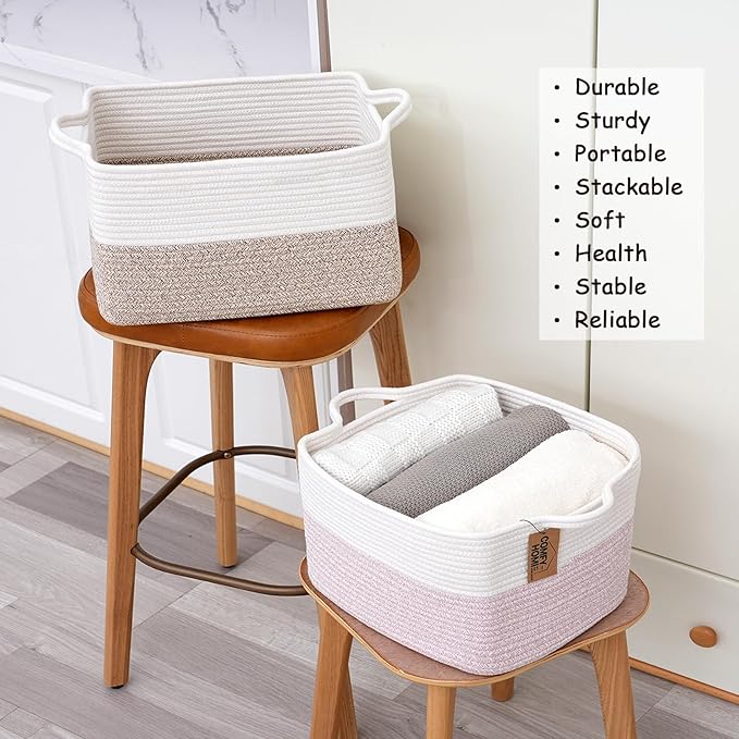 COMFY-HOMI 3-Pack Cotton Rope Woven Basket with Handles for Shelves, Books, Toys, Cloth Storage|Towel Storage|Nursery Baby Basket - 13.5" x 11" x 9.5" for Living Room (White/Brown)-Ruum Studio Home