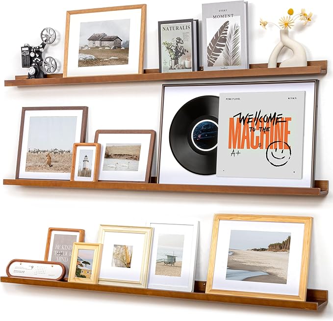 Picture Ledge Wall Shelves 56 inches Width Set of 3, Solid Pine Wood Rustic Floating Ledge Shelves for Wall for Kids' Room Bedroom Kitchen Bathroom Long Floating Shelves for Wall Decor, Walnut-Ruum Studio Home