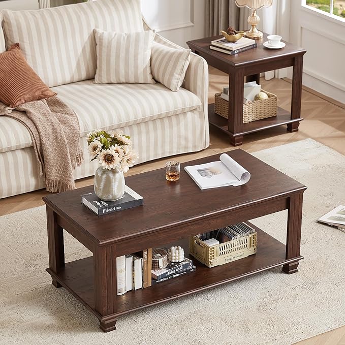 Farmhouse Coffee Tables for Living Room,Square Living Room Tables with Open Storage Shelf,Large Modern Coffee Table,Rustic Brown Center Table,Walnut-Ruum Studio Home