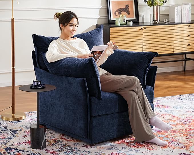 Oversized Accent Chair, Upholstered Modern Sofa Chair with Removable Backrest & Detachable Cover, 24.5" Deep Seat Large Reading Armchair for Living Room Bedroom Office - Chenille Blue Set of 1-Ruum Studio Home
