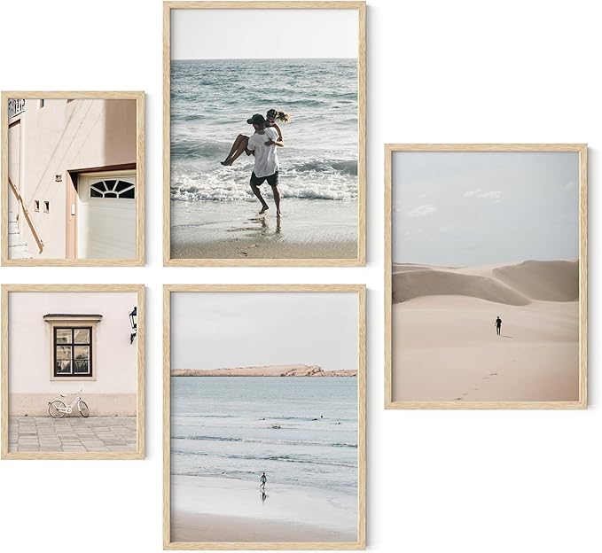 HAUS AND HUES Collage Frames For Wall - Set of 5 Photo Gallery Frames, Picture Frames Collage Wall Decor, Assorted Photo Frame Set, Stair Picture Frame Set Wood, (Two 8x10, Three 12x16 Beige)-Ruum Studio Home