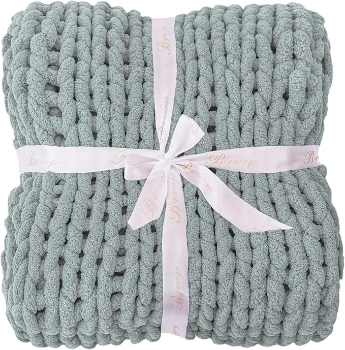 Bigacogo Chunky Knit Throw Blanket for Couch, 51x63 inches, 100% Hand Knitted with Thick Jumbo Chenille Yarn, Cozy Soft Large Rope Knot Cable Crochet Blankets for Sofa Bed Living Room, Misty Green-Ruum Studio Home