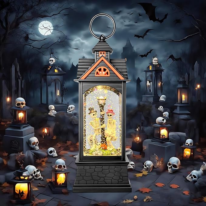 Halloween Snow Globe Lantern, Spooky Ghost Halloween Decor, Plug-in & Battery Operated Snow Globes for Halloween Decorations Indoor-Ruum Studio Home