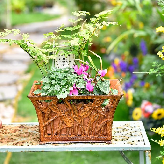 Sungmor Heavy Duty Cast Iron Planter Basket w/Non-Woven Growing Bag, Unique Shape & Beautiful Pattern Design, Hollow Orchid Flower Pot Garden Tools Holder, Full Rusted French Country Decor Container-Ruum Studio Home