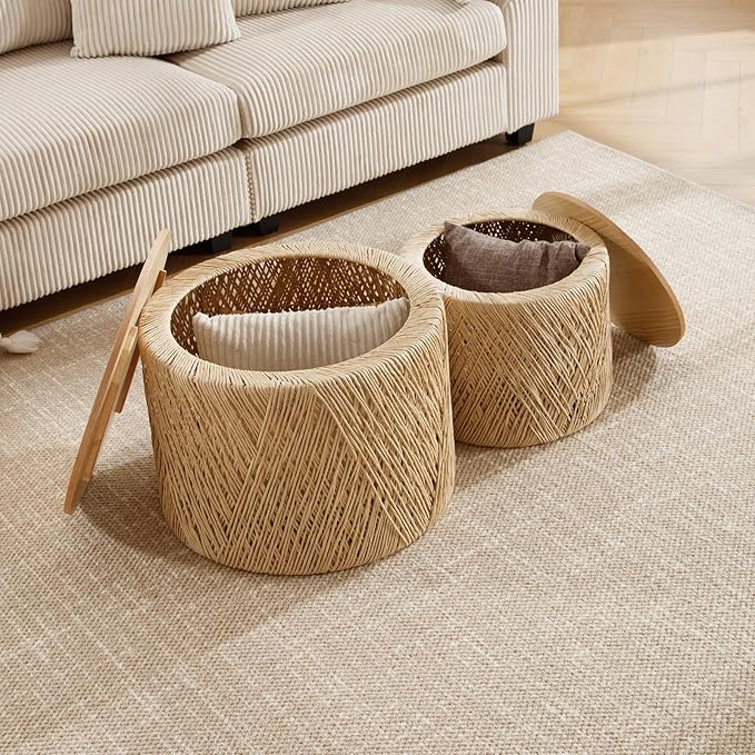 Nesting Coffee Table Set of 2, Natural Round Wooden Coffee Tables Rustic Woven Circle Side/Sofa Table for Small Space Living Room Bedroom Apartment No Assembly Required-Ruum Studio Home