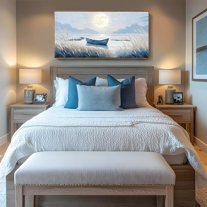 amatop Oversized Framed Coastal Wall Art for Living Room Blue Boat Moon Sea Picture Landscape Canvas Print Calming Night Ocean Lake Scene Large Artwork Nautical Bedroom Office Wall Decor 58x29 In-Ruum Studio Home