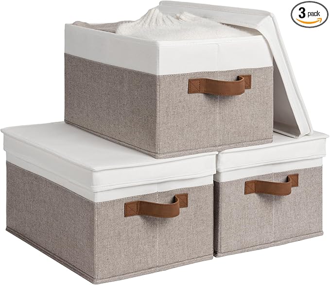 StorageWorks Large Storage Bins with Lids, Decorative Storage Boxes with Lid and PU Handles, Foldable Storage Baskets for Closet, Shelves, Stackable, Brown and White, 3-Pack-Ruum Studio Home